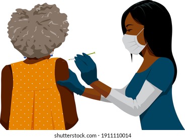 A Black Woman Nurse Wearing Gloves And A Face Mask Administers A Vaccine To An Elderly Black Woman Patient.