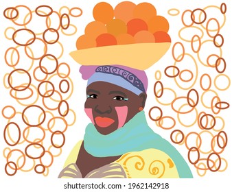 black woman on a colored background with fruits on her head, an abstract image of a black girl with oranges. circles background