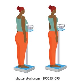 black woman on medical scales. weight before and after. weight gain and growth. mechanical scales. stock vector illustration.