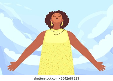 Black woman with open hands, feeling self love, bliss, harmony, positive emotion. Happy calm peaceful girl greets the world. Care, humanity, selfhelp and peace concept. Colored flat illustration