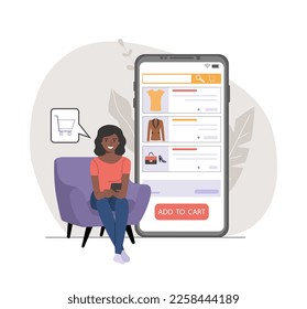 A Black woman ordering clothes in online store via smartphone. Vector illustration.