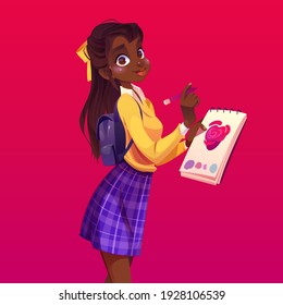 Black Woman Painter With Notebook And Pencil. African American Girl Student Drawing Pink Heart In Album. Vector Cartoon Teenage Girl With Ponytail, Backpack, Paper And Marker