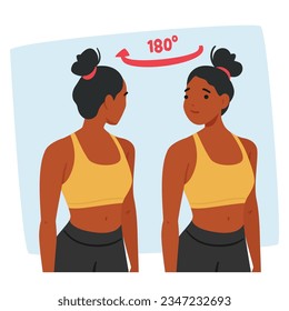 La Mujer Negra Realiza Ruedas De Cuello De Lado A Lado, Para Aliviar La Tensión Y Mejorar La Flexibilidad En El Cuello, Durante Su Rutina De Ejercicio. Carácter femenino saludable. Ilustración de vectores de personas de caricatura