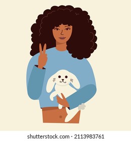 black woman with a pet rabbit. Vector illustration