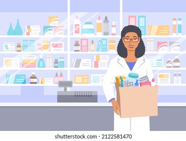 Black woman pharmacist in white coat stands in front of shelves with medicines in drugstore holding paper bag with drugs bought in a pharmacy. Female dispensary seller gives the order to the buyer