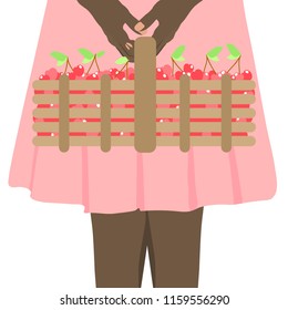 A black woman in pink dress, holding basket of cherries, isolated on white background. Flat style design. Concept harvest. Vector illustration.