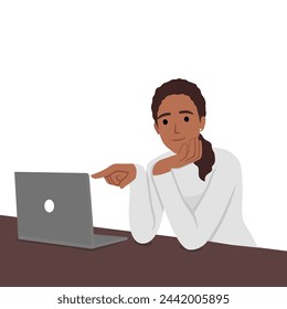 Black woman pointing at the laptop while smiling and holding her chin. Flat vector illustration isolated on white background