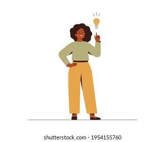Black woman points on light bulb over her. Happy African female entrepreneur has business idea. Concept of innovation, solution and creativity. Vector illustration