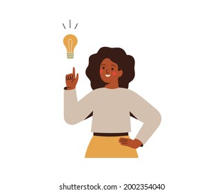 Black woman points on light bulb over her. Happy African female entrepreneur has business idea. Concept of innovation, solution and creativity. Vector illustration