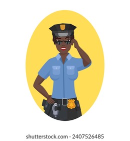 Black woman police in working uniform. Cool african female police officer cartoon vector illustration