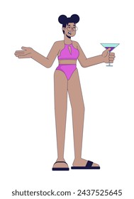 Mujer negra en la fiesta de la piscina 2D personaje de dibujos animados lineal. Mujer afroamericana que sostiene el cóctel aislado de la persona del vector de la línea de fondo blanco. Ilustración de mancha plana de color de verano