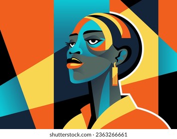 Retrato de mujer negra en estilo Art Deco de los años 20 en decoración geométrica de cubismo angular abstracto