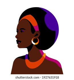 Black woman portrait - beautiful woman with bright accessories: an ethnic necklace, earrings, and a headband. Beautiful female face and shoulders. International women's day. Flat style vector avatar.