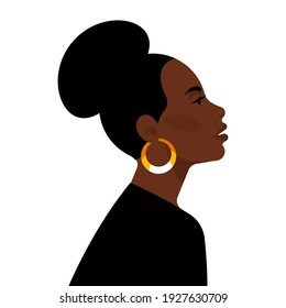 Black woman portrait - Bright woman with golden earrings. Beautiful female face and shoulders. Girl from America, Africa or Brazil. International women's day. Flat style vector avatar.