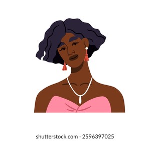 Black woman portrait. Modern style elegant African American female with chic bob cut, accessories, earrings and necklace. Young stylish girl. Flat vector illustration isolated on white background