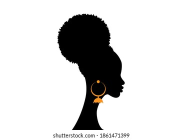 Black woman portrait with puff drawstring ponytail, African American women face profile. Logo silhouette with fashion curly afro hair style concept and ethnic traditional earrings, vector isolated