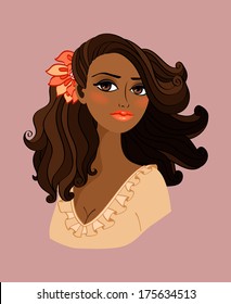 Black woman portrait with red flower in her hair isolated vector illustration