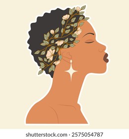 Black woman portrait strong queen sticker. Afro American girl with curly hair, earrings and wreath crown