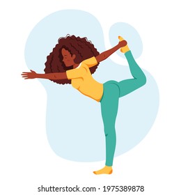 Black woman practicing yoga. Healthy lifestyle, relax, meditation. Vector illustration