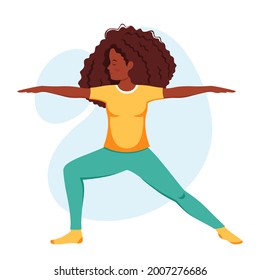 Black woman practicing yoga. Healthy lifestyle, wellbeing, relax, meditation. Vector illustration