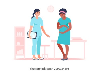 Black woman pregnant with doctor in hospital medical office examination during pregnancy. Vector flat illustration. Pregnancy and maternity concept. Expectant mother, motherhood, single mother.