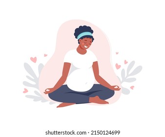 Black woman pregnant meditating in lotus pose isolated on pink. Pregnancy female practicing yoga. Vector flat illustration. Concept of maternity and healthy lifestyle for banner, landing page, card