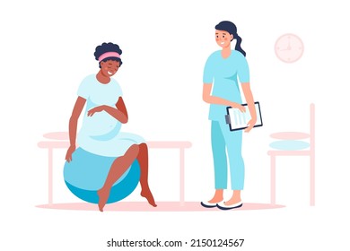 Black woman pregnant preparing for childbirth at hospital with doctor. Birth positions for pregnant woman during birth pains, help methods for painless childbirth labor, on fitness ball, at chair.