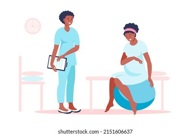 Black woman pregnant preparing for childbirth at hospital with doctor. Birth positions for pregnant woman during birth pains, help methods for painless childbirth labor, on fitness ball, at chair.