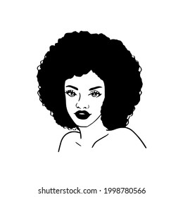 Black woman with a pretty face. African American girl. Curly Afro hair style. Cartoon style. Vector illustration on white isolated background. For beauty salon, t-shirt design, beauty logo.