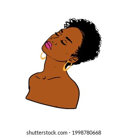 Black woman with a pretty face. African American girl. Short Afro Hair. Vector illustration on white isolated background. Logo for brow bar, lash, or beauty salon, t-shirt design.