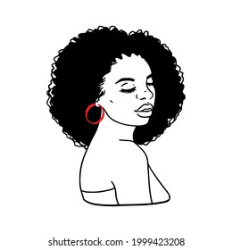 Black woman with a pretty face. African American girl. Long Afro hair. Vector illustration on white isolated background. For beauty salon, t-shirt design, beauty logo.