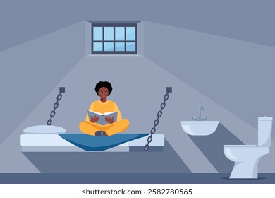 Black woman in prisoners cell. Serving time for crime. Violation of law. Girl in orange uniform reading book. Jail interior. Convicted lawbreaker sitting on bed.