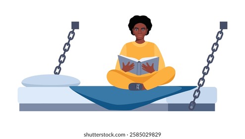 Black woman in prisoners cell. Serving time for crime. Violation of law. Girl in orange uniform reading book. Jail interior. Convicted lawbreaker sitting on bed.