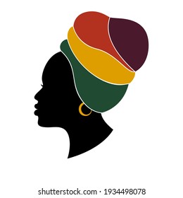 Black woman profile is a beatiful female head in a traditional head wrap. Vector illustration isolated on white background.