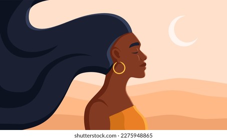 Black woman profile face, vector portrait, African woman in the desert illustration.