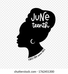 Black woman profile silhouette with a traditional head wrap and ring earring for Juneteenth holiday. Vector illustration of a proud black girl. 