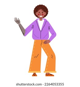 Black woman with prosthetic arm. Adult wearing prosthesis. Female character with artificial limb. Flat illustration in cartoon style. Vector isolated on white.