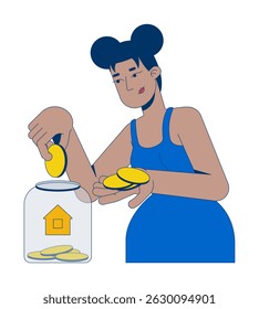 Black woman putting coins in home jar 2D cartoon character. African american female depositing budgeting for real estate savings flat vector person isolated on white. Spot illustration colorful