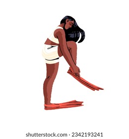 Black woman putting on rubber flippers, feet fins. Female swimmer tourist wearing swimming equipment on leg, preparing for diving, summer holiday. Flat vector illustration isolated on white background