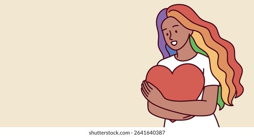 Black Woman with rainbow hair hugging red heart in warm tone layout, expressing love, support, and LGBT acceptance, banner, copy space