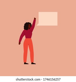 Black woman raised her hand clenching it into a fist and says something with speech bubble. Concept of protest and female empowerment movement. Vector illustration