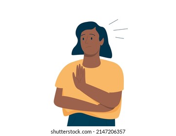 Black woman raised her hand as protest for something. African American business female stood against smth. Girl say no by gesture. Flat vector illustration isolated on white background