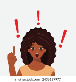 Black woman raising her index finger, surrounded by red exclamation marks. Visual expression of strength, confidence, surprised, insight and positivity