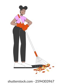 Black woman raking autumn fallen leaves into pile 2D cartoon character. Yard work. African american female wearing gloves flat vector person isolated on white. Spot illustration colorful