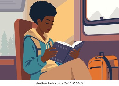 Black woman reading a book on a train while on holiday for a slow travel concept. African American tourist relaxing with a novel on a solo trip abroad, taking a cozy and calm journey on a vacation