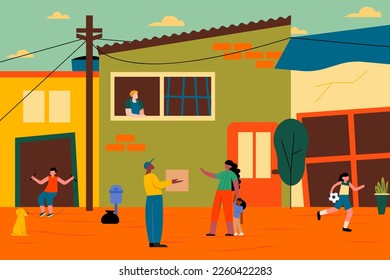 Black Woman Receiving a Package.  Brazilian Houses on Background. 