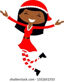 Black woman in red Santa outfit with Christmas hat smiling and dancing
female cute cartoon character