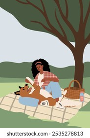 Black woman relaxes on a picnic blanket with her dog lying on its back, enjoying belly rubs under a tree. Picnic basket and drink are nearby. Flat vector illustration capturing joyful outdoor moment.