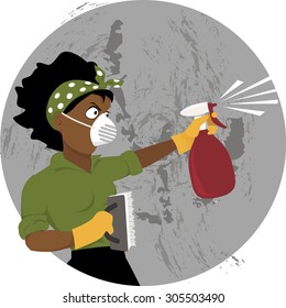 Black woman in a respiratory safety mask cleaning a dirty wall with a brush and spray bottle, vector illustration, EPS 8