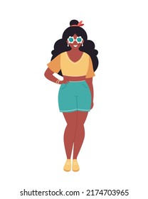 Black woman in retro glasses and casual summer look. Hello summer, summer style, vacation. Hand drawn vector illustration